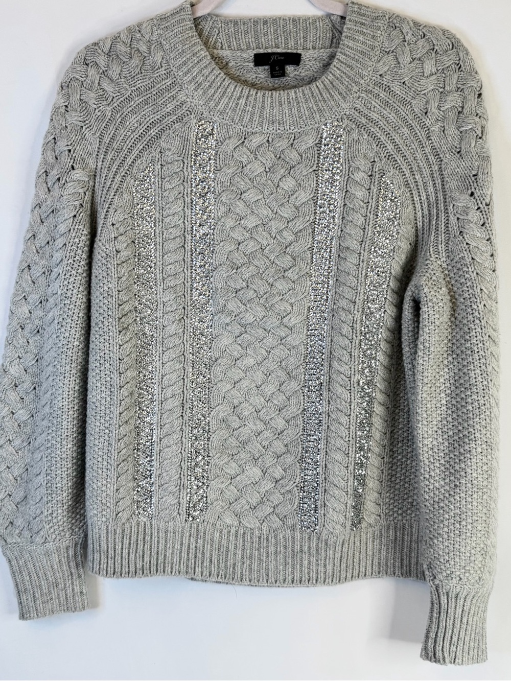 J. Crew Women Small Gray Cable Knit Sweater Sequins Merino Wool Cozy Warm Winter